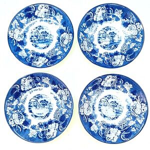 Vintage Wood & Sons English Scenery Blue White Saucers Set of 4 Transferware